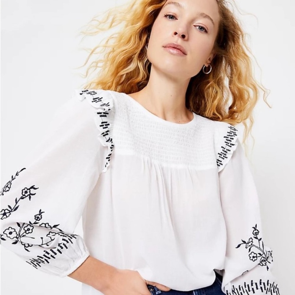 Loft White Long Sleeve Smocked Top with Embroidered Sleeves and Ruffled Trim